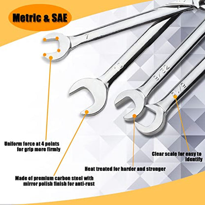 SPEEDWOX Mini Double Open End Wrench Set, 10-Piece Metric & SAE, Super-Thin Angled Heads, Made of Premium Carbon Steel, Includes Storage Pouch | Metric SAE, Super-Thin Angle Head, Open End Spanner Wrench, Storage Pouch Ignition Wrench Set Angle Wrench Car