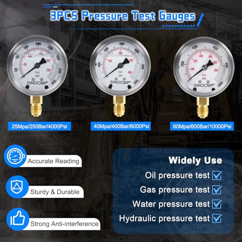 Hydraulic Pressure 3 Gauges(25/40/60MPa) Test Kit with 4 Test Hoses & 14 Straight Connectors & 19 Tee Connectors for Construction Machinery Excavator(Black) - size: Black 3 Gauges 14 Connectors 19 Tee Connectors