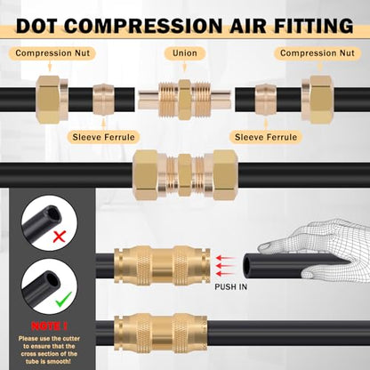 CheeMuii 80 PCS Brass DOT Air Line Fittings with 100FT 1/4" and 100FT 3/8" DOT Air Line Kit Push Lock Air Fitting Quick Connect & NPT Thread Fittings with Pneumatic Tubing - size: 2ROLL-84PCS