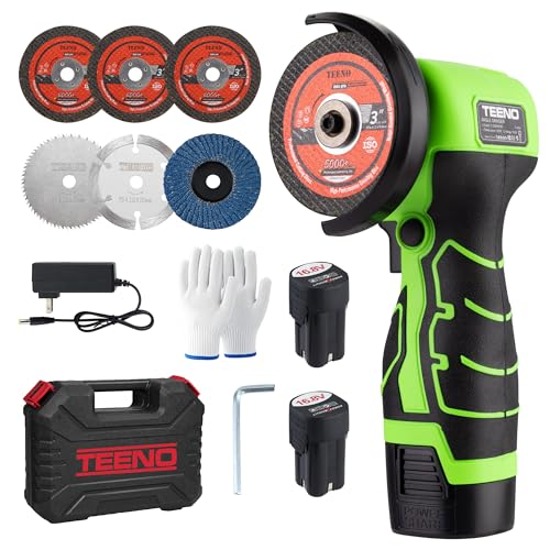 TEENO Cordless Angle Grinder 3 Inch, 19,500 RPM Mini Electric Angle Grinding Tool with 2 pcs 2000mAh Batteries and 6 Cutting Discs, 16.8V Handheld Grinder for Metal/Wood Cutting and Grinding - color: Green