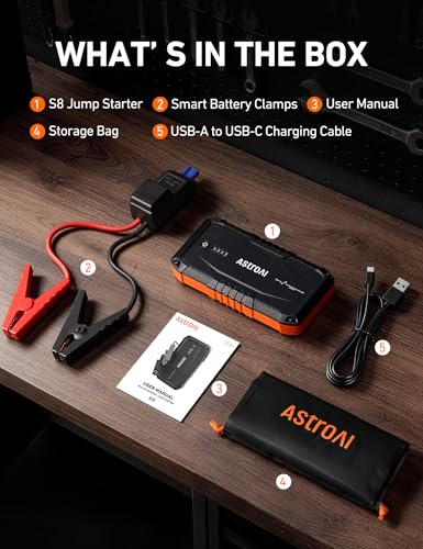 AstroAI S8 Car Battery Jump Starter 1500A – Portable 12V Lithium Jump Box with 3 Mode Flashlight, Power Bank & Smart Jumper Cables - for 6.0L Gas and 3.0L Diesel Engines - color: Orange - 1500A (S8)