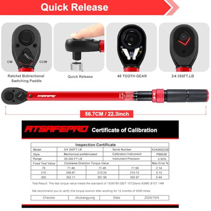 ATsafepro 3/4 Torque Wrench,3/4 Drive Torque Wrench-30-350 Ft-Lb(40.7-474.3Nm) Dual Scales,Precision Instruments Torque Wrench Pre-Calibrated Accuracy+-3%,48-Tooth Dual-Direction for Auto & Machinery - style: 3/4" 30~350 FT.LB Torque Wrench