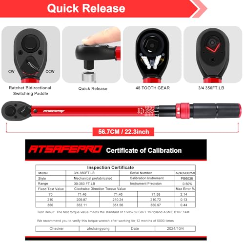 ATsafepro 3/4 Torque Wrench,3/4 Drive Torque Wrench-30-350 Ft-Lb(40.7-474.3Nm) Dual Scales,Precision Instruments Torque Wrench Pre-Calibrated Accuracy+-3%,48-Tooth Dual-Direction for Auto & Machinery - style: 3/4" 30~350 FT.LB Torque Wrench