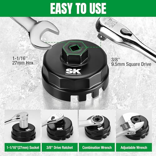 SK 64mm 14 Flutes Toyota Oil Filter Cap Wrench, 3/8" Drive, Oil Filter Removal Tool for 2.5-5.7L Engine, Fits Lexus, Camry, 4Runner, RAV4, Tundra, Tacoma, Highlander, Sienna, Sequoia, Avalon, Venza