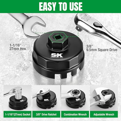 SK 64mm 14 Flutes Toyota Oil Filter Cap Wrench, 3/8" Drive, Oil Filter Removal Tool for 2.5-5.7L Engine, Fits Lexus, Camry, 4Runner, RAV4, Tundra, Tacoma, Highlander, Sienna, Sequoia, Avalon, Venza