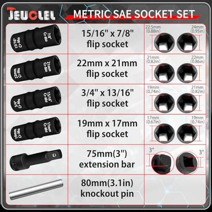 6PCS 1/2" Drive Flip Lug Nut Impact Socket Set, 8-IN-4 Socket Design Metric 17 19 21 22 mm and SAE 3/4 13/16 7/8 15/16 in Dual-End Thin Wall Nut Sockets, Double Sided Lug Nut Extractor