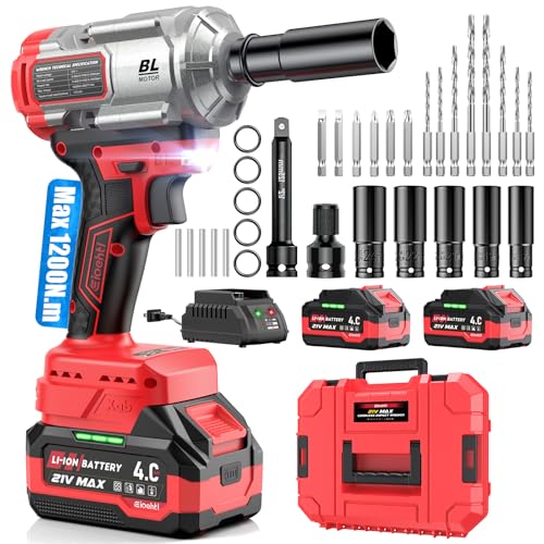 Eioehtl Cordless Impact Wrench 1200Nm, Impact Driver & Impact Drill 1/2" Brushless Power Tool with 2×4.0Ah Batteries, 5 Sockets, 8 Drill Bits, 5 Driver Bits, Extension Bar & Adapter for Car, Van & DIY
