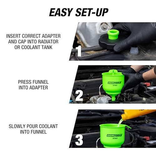OEMTOOLS 87043 No-Spill Professional Quality Coolant Funnel Kit, Easily Fill Antifreeze Coolant Set Includes 5 Adapters, Extensions, and Automotive Funnel, Air Venting, Drip-Free, Green - style: Professional Quality