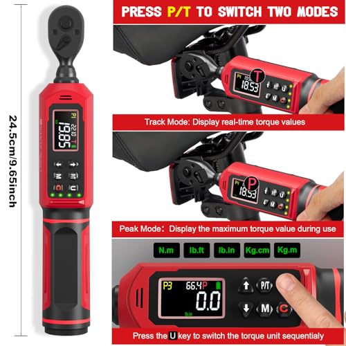 SUERCUP 3/8" Digital Torque Wrench (0.66-44.29Ft.Lb/0.9-60N.m) | ±1% Accuracy with Vibration/Buzzer/LED Alerts, 9 Presets & 5 Units, for Moto Engine/Brake, Car Spark Plug & Oil Drain Repair - size: 3/8" 0.66-44.29Ft.Lb/0.9-60N.m