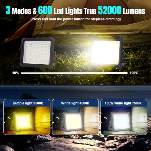 600W Solar 52000MAh Rechargeable Work Light, 600 LED 52000LM Portable Flood Light with Stand＆infinitely dimmable Function, IP66 Waterproof 3 Modes LED Job Site Lighting Flashlights for Mechanic Car - color: Black