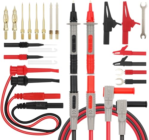 SWANLAKE 27-Piece Multimeter Test Leads Set, CAT.III 1000V / CAT.IV 600V Multimeter Probes with Alligator Clips, Needle Probe, Replaceable Probe Accessories, Soft PVC Volt Meter Lead - color: 27PCS Red&Black
