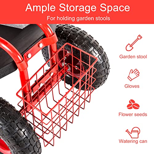 Kinfant Rolling Garden Cart Scooter Stool - Garden Cart with Wheels & Seat, Adjustable Handle 360 Degree Swivel (Red) - color: Red