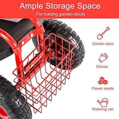 Kinfant Rolling Garden Cart Scooter Stool - Garden Cart with Wheels & Seat, Adjustable Handle 360 Degree Swivel (Red) - color: Red