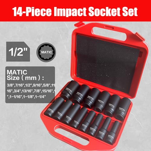 TONYNOL 1/2 Inch Deep Drive Impact Socket Set,12-Point,SAE(3/8" to 1-1/4"),14 Pcs,Cr-Mo Steel,With a Storage Case - size: 1/2" 14PC Deep SAE (9.5-32mm), style: 12-Points