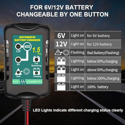 12V / 6V Battery Trickle Charger Maintainer, 1.5A Automatic Smart Float Charger Battery Charger for Motorcycle Lawn Mower Car Boat Tractor ATV, SLA VRLA Gel Cell AGM Lead Acid Batteries