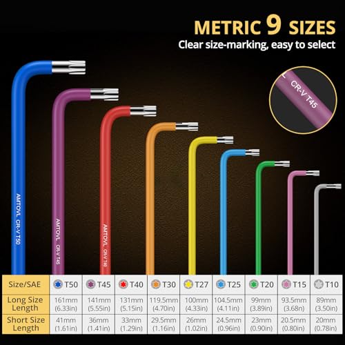 AMTOVL Star Allen Wrench Set, 9PCS Star Key Set, T10-T50, Long Arm Star Key Set, Color Coding TX Key Set for Vehicle, and Bicycle Repairs - size: 9 PCS STAR SET