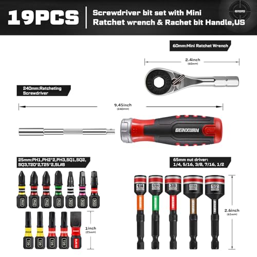 GEINXURN 19 Pieces Ratcheting Screwdriver Set and Socket Wrench Set, Mini Rachet Wrench, Rachet Screwdriver Handle and Nut Driver with 12 Pcs Impact Screwdriver Bit, Hand Tools Set for Repair DIY - style: RM019-US