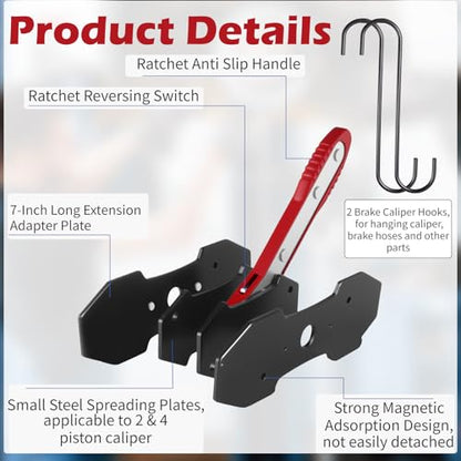 Brake Caliper Compression Tool for Disc Brake Repair | 360° Swing Ratchet, 2 Hanger Hooks, 2PCS Extra Large Steel Magnetic Plates for Sextuplet Pistons, Car & Truck Brake Repair - color: Red