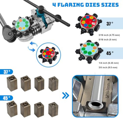Brake Line Flaring Tool Kit, Double Flare Tool & Bubble Flare Tool for Brake Tubing | 45 & 37 Degree Flaring Tool, Fits 3/16" 1/4" 5/16" 3/8" 4.75mm Metal Tubing, Suitable for Car Repair and DIY Fabrication - size: 45 & 37 Degree