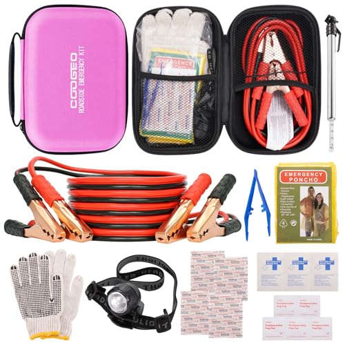 Car Roadside Emergency Kit with Battery Jumper Cables,Car Accessories for Men or Women,Automotive Safety Kit for Car,Vehicle, Truck or SUV,Gifts for Men or Him, Pink - color: Pink, size: 9 Pcs