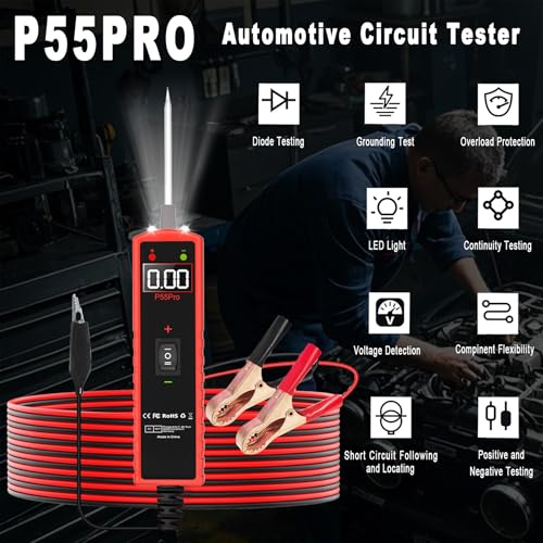 Power Circuit Probe Tester 6V-30V DC Test Light Car Fuse Tester Tool Short Circuit Located Auto Electrical Tester Kit Component Polarity Identify with Overload Protection,P55 Pro Test Probe.