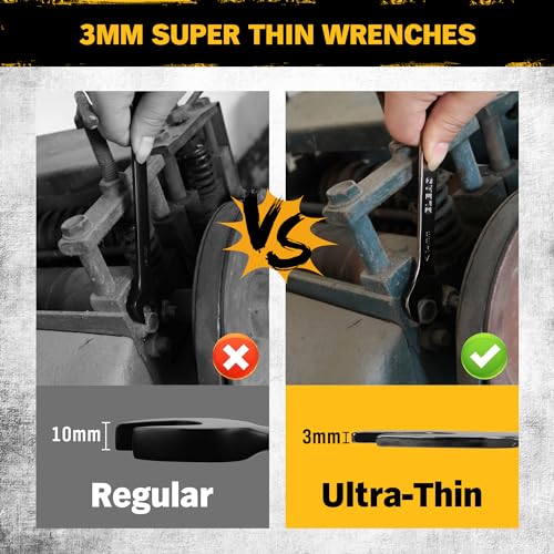 ELEAD 19-Piece Super-Thin Open End Wrench Set, Metric 5.5–27 mm & SAE 1/4"-1-1/16", CR-V Nickel Plated, 3 mm Thickness Ultra-Slim Wrench Set for Tight Spaces, Durable Roll-Up Pouch for Mechanics - color: 19-piece Super-thin Metric&sae Black