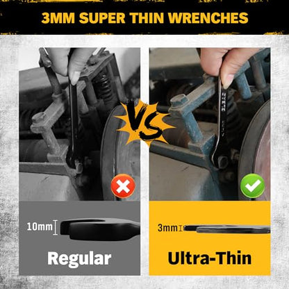 ELEAD 19-Piece Super-Thin Open End Wrench Set, Metric 5.5–27 mm & SAE 1/4"-1-1/16", CR-V Nickel Plated, 3 mm Thickness Ultra-Slim Wrench Set for Tight Spaces, Durable Roll-Up Pouch for Mechanics - color: 19-piece Super-thin Metric&sae Black