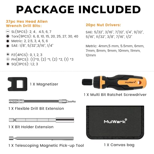 MULWARK Screwdriver Bit Set & Socket Kit, 63-Pieces Ratcheting Screwdriver Set with Case, 63 in 1 Multi Bit Screw Driver for Home DIY, Electronics, Car Emergency and Garage - style: 63PC Combo Set with Extensions Kits