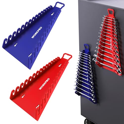 WORKPRO Magnetic Wrench Organizer, 15-Slot Gripper Wrench Holder | 2-Pack Wrench Rack for Tool Box, Fits SAE (1/4" to 1-1/16") and Metric (6mm to 27mm), Flexible Grips, Blue and Red - style: 15-Slots Wrench Organizer(2PC)