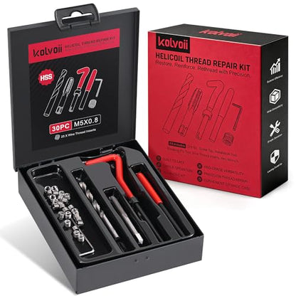 Kolvoii M5 x 0.8 Helicoil Thread Repair Kit, Metric Helicoil Kit | Restore M5 x 0.8 threads with stainless inserts, drill, tap and tools for aluminum parts, bikes and small engine repair - size: M5X0.8