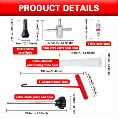 Quick Change Tire Valve Stem Core Removal Tool Kit, Fast Replacement Repair Tool for Leaky Valve, Fits Car Motorcycle ATV Truck