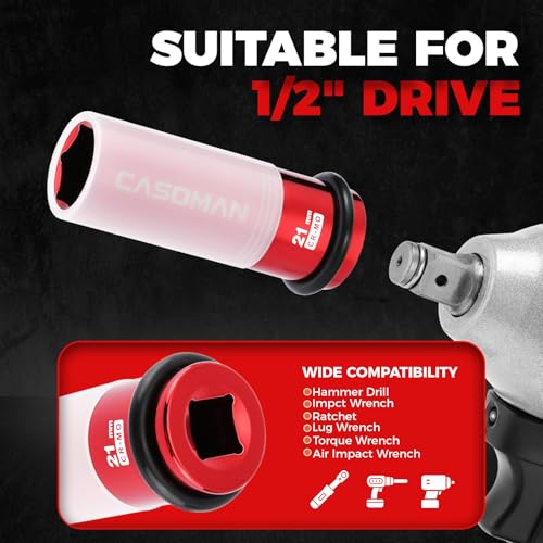 CASOMAN 7PCS 1/2" Drive Deep Lug Nut Impact Socket Set, Non-marring & Thin Wall Wheel Protector, Color-Coded, 85mm Length, 6 Point, Metric, CR-MO