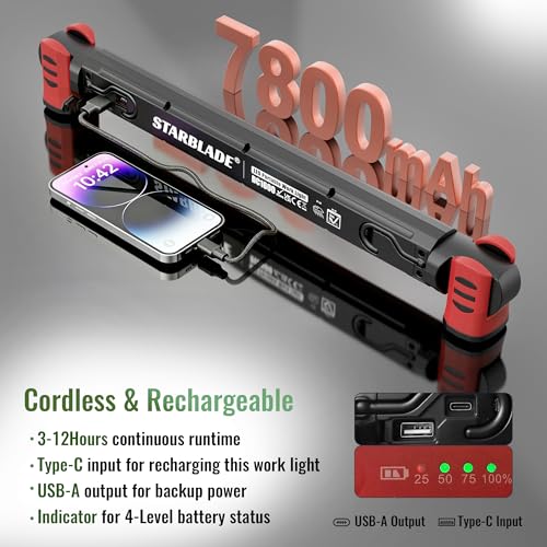 Underhood Magnetic Work Light for Mechanics, 4 Modes 2700K-6500K LED, 7800mAh 12H Battery, IP65 Waterproof, USB-C Rechargeable Hood Light for Car Repair/Garage/Emergency (Red) - color: Red