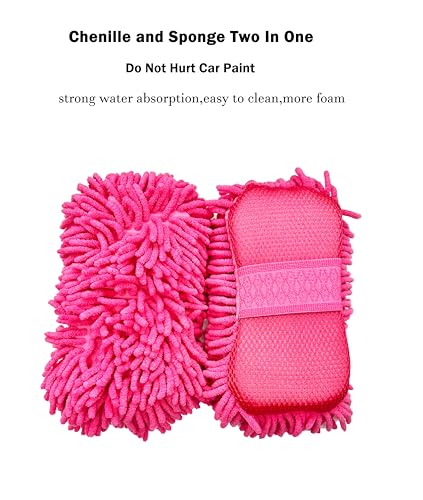 Scratch Free Chenille Microfiber Wash Mitt Car Wash Sponge for SUVs Boats - color: 2 Pack Pink