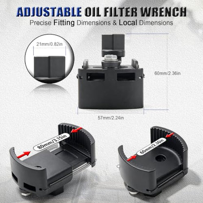 Universal Adjustable Oil Filter Wrench, 2-3/8 to 3-1/8" Cap Style Oil Filter Removal Tool with Auto-Clamp Spring for Motorcycle, Car, Small to Medium Spin-on Filters