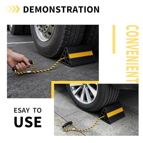 Vacallity Update Wheel Chocks for Trailer 4pc Heavy Duty Rubber Wheel Chocks with seprate Handle Rope&Yellow Reflective Tape Tire Chock Blocks for Cars Trucks Aircraft RV Camper Trailer Accessories - size: 4 pack