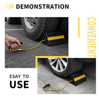 Vacallity Update Wheel Chocks for Trailer 4pc Heavy Duty Rubber Wheel Chocks with seprate Handle Rope&Yellow Reflective Tape Tire Chock Blocks for Cars Trucks Aircraft RV Camper Trailer Accessories - size: 4 pack