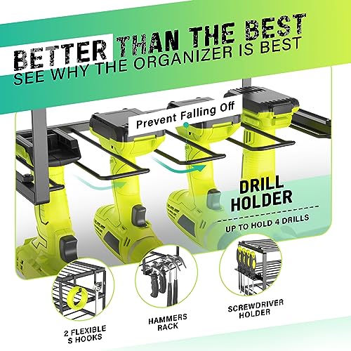 SUNALLY 3-Tier Heavy Duty Steel Power Tool Organizer, Matte Black, 3 Layers Tool Rack Cordless Drill, Floating Shelf Wall Mounted, 4 Drill Holders - style: 8 Drill Holders A