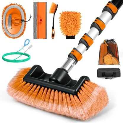 12FT Car Wash Brush with Long Handle,Car Cleaning Kit with Telescoping Pole,Soft Bristle Brush,Wheel Brush, Window Squeegee, Chenille Mop&Mitt, Sunroof Drain Tool, Bags for RV,Truck,boat