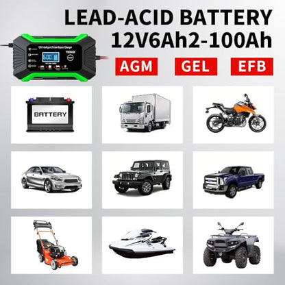 Car Battery Charger, 12V 6A Smart Battery Trickle Charger Automotive 12V Battery Maintainer Desulfator with Temperature Compensation for Car Motorcycle Mower Marine Lead Acid Batteries (Green)