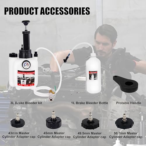 SGT 3L Brake Bleeder Kit，Manual Brake Bleeder Fluid Pump with 1L Brake Fluid Bleed Bottle and 4 Master Cylinder Adapters for Most Vehicles
