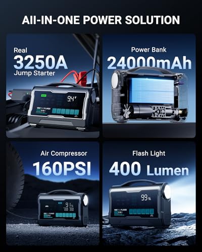 JS3 Real 3250A Jump Starter with Air Compressor 160PSI, 12V Car Battery Booster with Display, Jump Box with Light, Support 65W Fast Charging Power Bank, 10L Gas/8L Diesel Engines - color: Grey