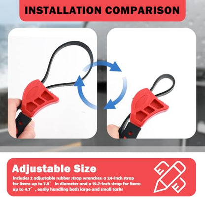 2PCS Rubber Strap Wrench Set,Adjustable Strap Wrench Plumbing with Large 24 in and Small 19.7 in,Non-Slip Oil Filter Straps Wrenches for Oil Filters,Faucet,Pipes,Sink