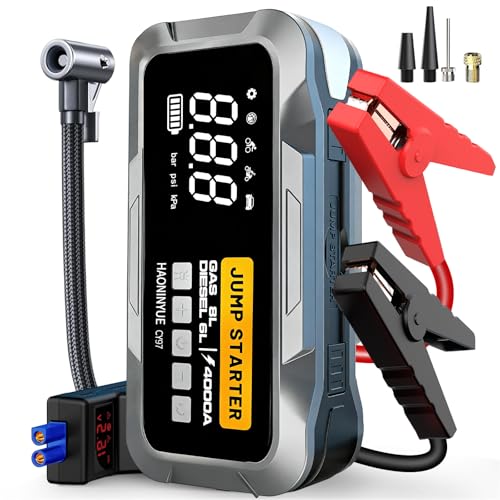4000A Car Jump Starter with Air Compressor150PSI | Portable Car Battery Jump Starter, 12V Jump Box Battery Pack (8L Gas 6L Diesel Engine) with Boost, LEDLight and Jumper Cables - color: Sliver