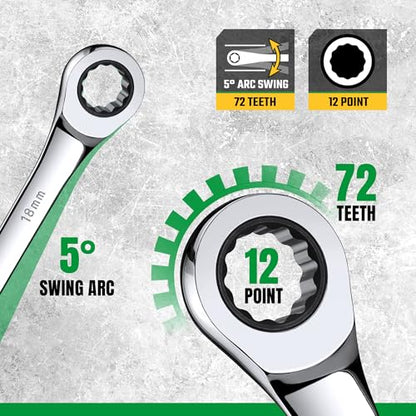 SK Extra Long Ratcheting Wrench Set, Double Box End Wrench Set, 12-Piece, Metric, 8 mm to 19 mm, 72-Tooth, Premium CR-V Construction, with Rolling Pouch