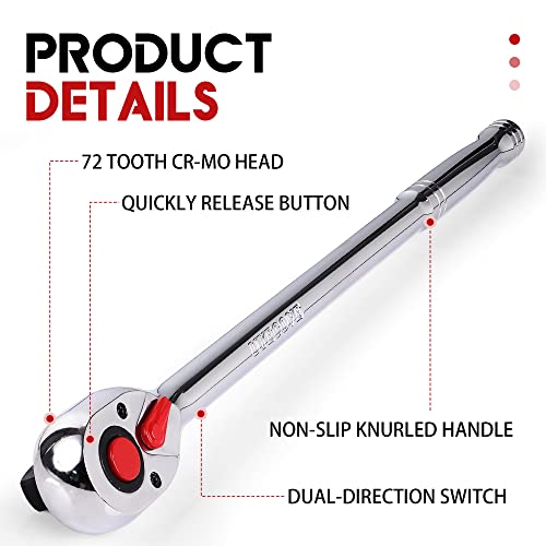 1/2 Inch Drive Ratchet Wrench, 1/2 Ratchet Wrench Long Handle, Socket Wrench, 72-Tooth Quick-release Reversible Cr-Mo Head, Chrome Steel Made - 15''38cm - size: 1/2" Standard Ratchet - 15 inch