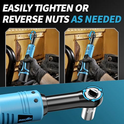 FULLYEA Electric Ratchet Wrench Set,18V Cordless Ratchet Tool Kit,550 RPM, 3/8" Variable Speed Power Ratchet Wrench with LED Light, 2 * 2.0Ah Batteries and Fast Charger, Blue