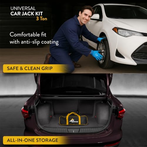 Car Jack Kit 3 Ton Scissor Jack with Cross Pad & Flat Pad Tire Jack Tool | Portable emergency kit, +1" extra lift, Low-profile vehicles, Lug wrench included, Work gloves, Storage bag