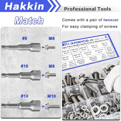 370PCS Metric Flange Bolt Assortment, M6x1.0, M8x1.25, M10x1.5 (12mm to 40mm) Hex Head Bolts and Nuts Assortment, Stainless Steel 304 Flange Bolts Nuts Washers Kit Hakkin, Hex Socket Included - size: M M6 M8 M10 Flanged Bolt Silver 370pcs