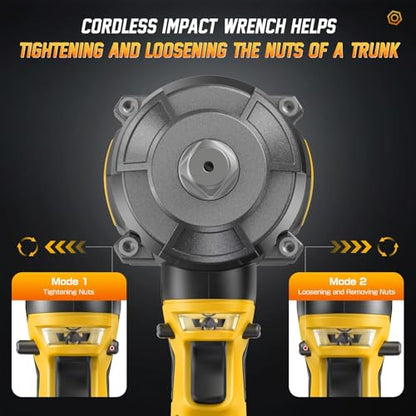 Cordless Impact Wrench 1200 N.m (900Ft-lbs), 1/2 inch Brushless Impact Gun with 2 x 4,0 AH Battery, 5 Sockets & Storage Case, 1 Converter 3/4", 1 Extension, 3 Rubber Rings, for Car/Truck/Home